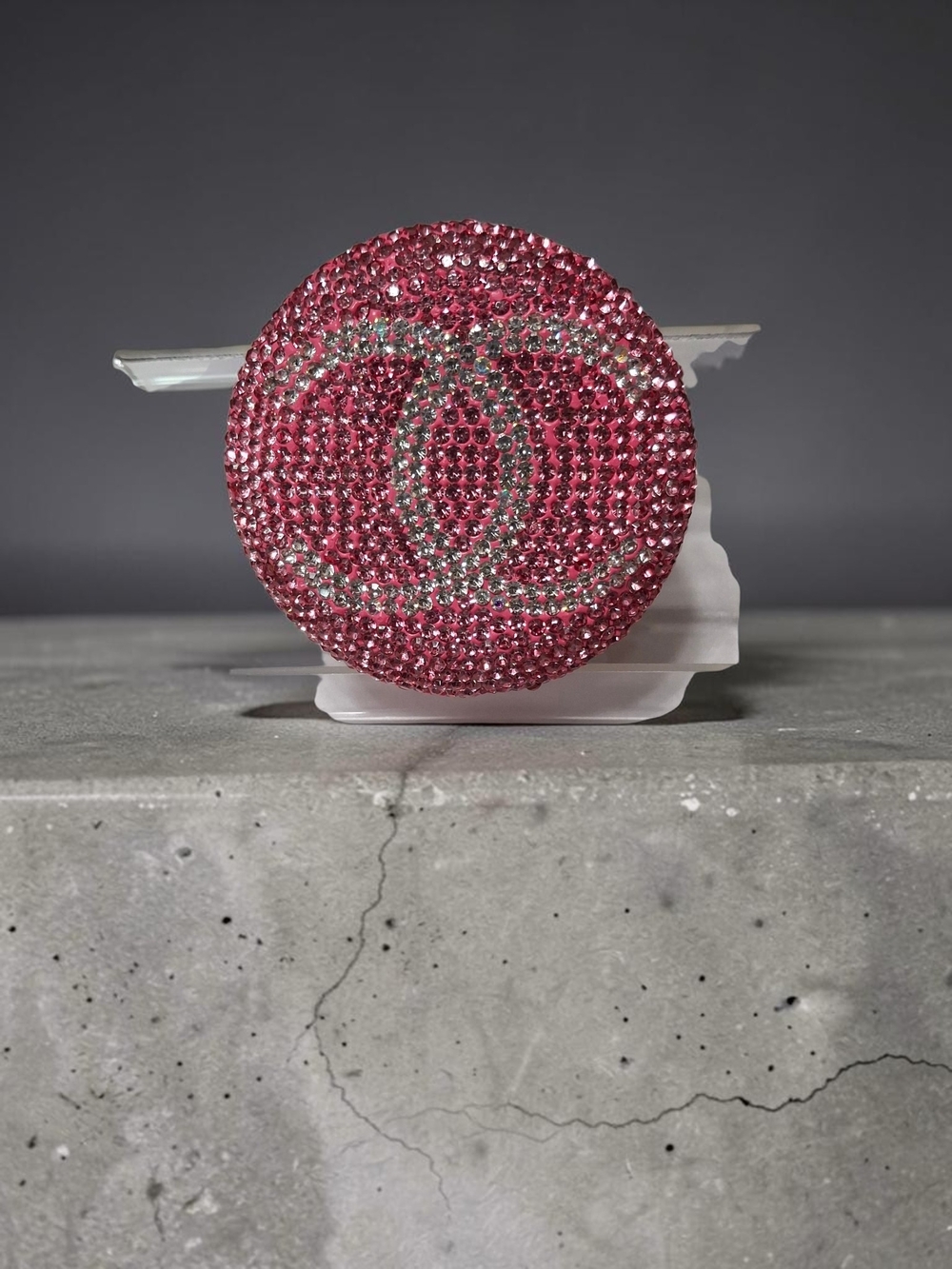Luxury Inspired Pink Rhinestone Round Accent Interlocking Compact Mirror Logo